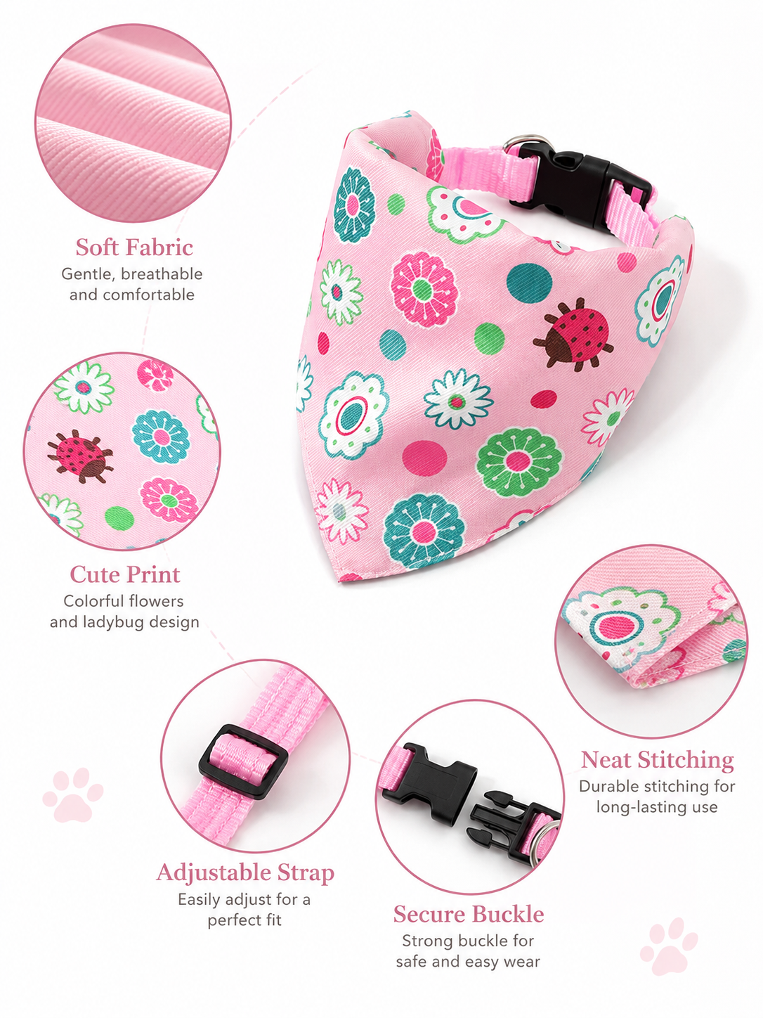 Pink Floral Ladybug Dog Bandana Collar, Adjustable Pet Triangle Scarf, Cute Puppy Neckerchief for Daily Walks & Outdoor Pet Photography