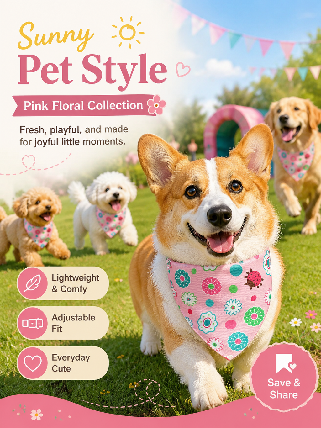 Pink Floral Ladybug Dog Bandana Collar, Adjustable Pet Triangle Scarf, Cute Puppy Neckerchief for Daily Walks & Outdoor Pet Photography