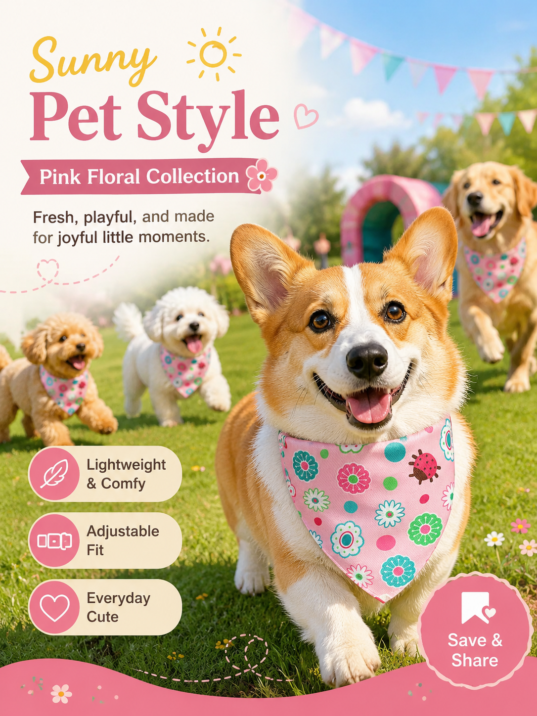 Pink Floral Ladybug Dog Bandana Collar, Adjustable Pet Triangle Scarf, Cute Puppy Neckerchief for Daily Walks & Outdoor Pet Photography