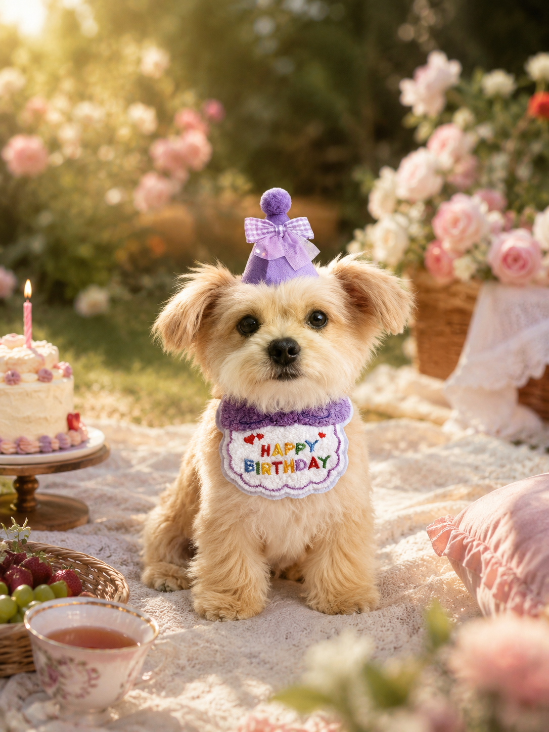 Purple Happy Birthday Pet Bib, Soft Embroidered Dog Birthday Bandana, Elastic Puppy Party Neck Accessory for Birthday Celebration & Pet Photos