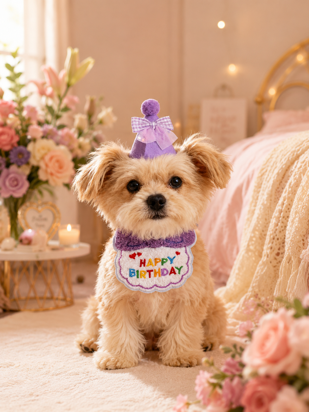 Purple Happy Birthday Pet Bib, Soft Embroidered Dog Birthday Bandana, Elastic Puppy Party Neck Accessory for Birthday Celebration & Pet Photos