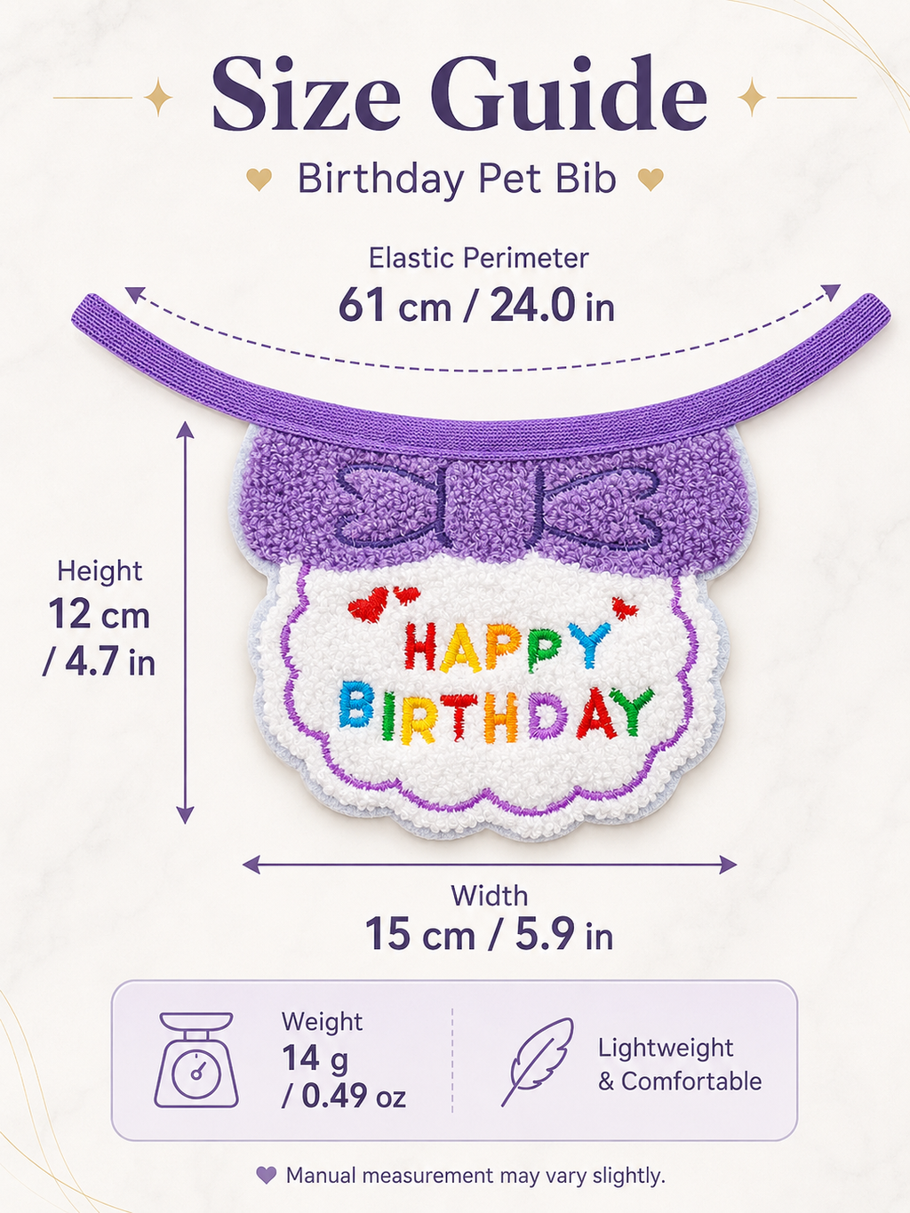 Purple Happy Birthday Pet Bib, Soft Embroidered Dog Birthday Bandana, Elastic Puppy Party Neck Accessory for Birthday Celebration & Pet Photos