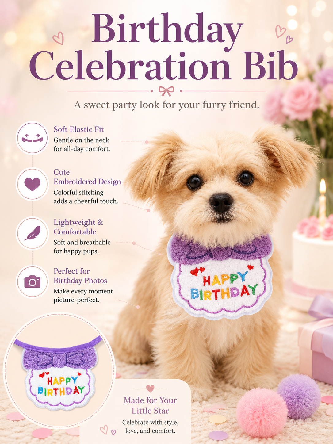 Purple Happy Birthday Pet Bib, Soft Embroidered Dog Birthday Bandana, Elastic Puppy Party Neck Accessory for Birthday Celebration & Pet Photos