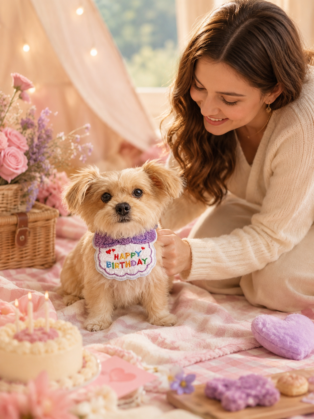 Purple Happy Birthday Pet Bib, Soft Embroidered Dog Birthday Bandana, Elastic Puppy Party Neck Accessory for Birthday Celebration & Pet Photos