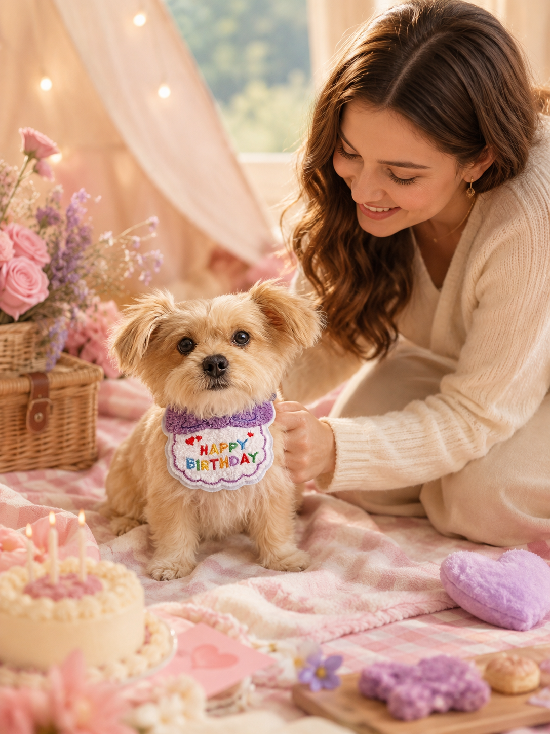 Purple Happy Birthday Pet Bib, Soft Embroidered Dog Birthday Bandana, Elastic Puppy Party Neck Accessory for Birthday Celebration & Pet Photos