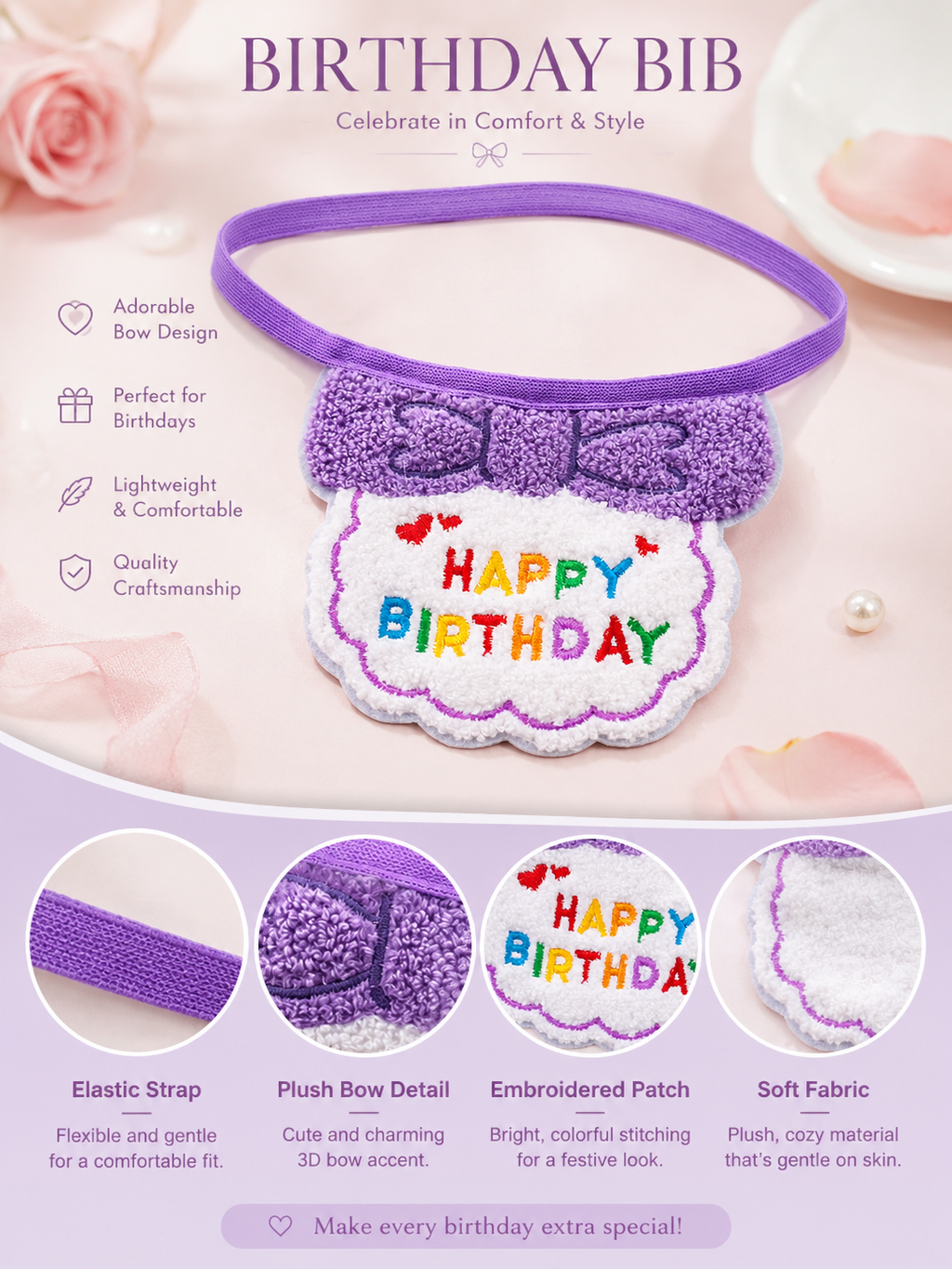 Purple Happy Birthday Pet Bib, Soft Embroidered Dog Birthday Bandana, Elastic Puppy Party Neck Accessory for Birthday Celebration & Pet Photos