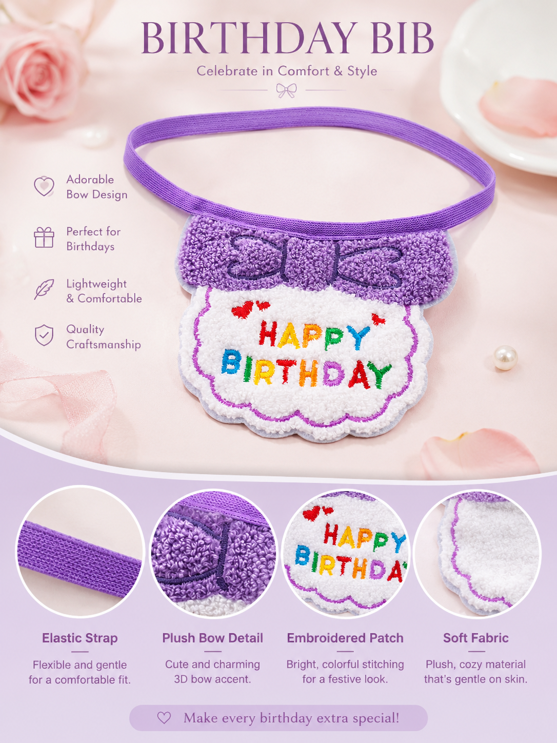 Purple Happy Birthday Pet Bib, Soft Embroidered Dog Birthday Bandana, Elastic Puppy Party Neck Accessory for Birthday Celebration & Pet Photos