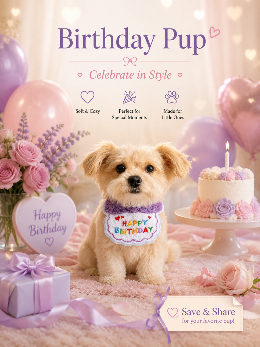 Purple Happy Birthday Pet Bib, Soft Embroidered Dog Birthday Bandana, Elastic Puppy Party Neck Accessory for Birthday Celebration & Pet Photos