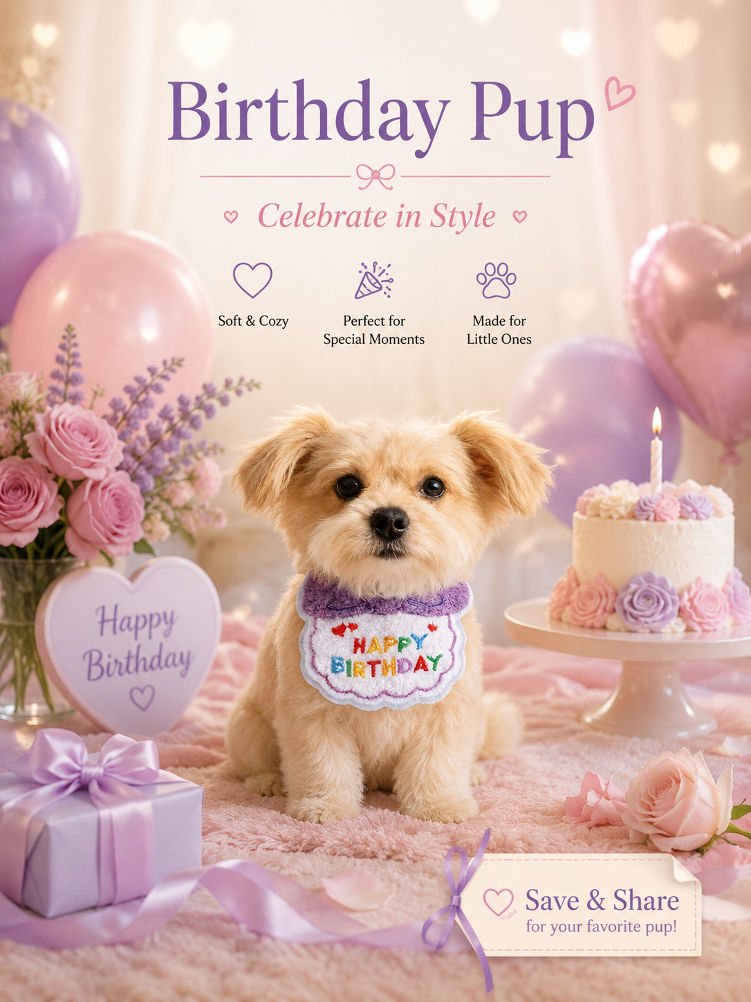 Purple Happy Birthday Pet Bib, Soft Embroidered Dog Birthday Bandana, Elastic Puppy Party Neck Accessory for Birthday Celebration & Pet Photos