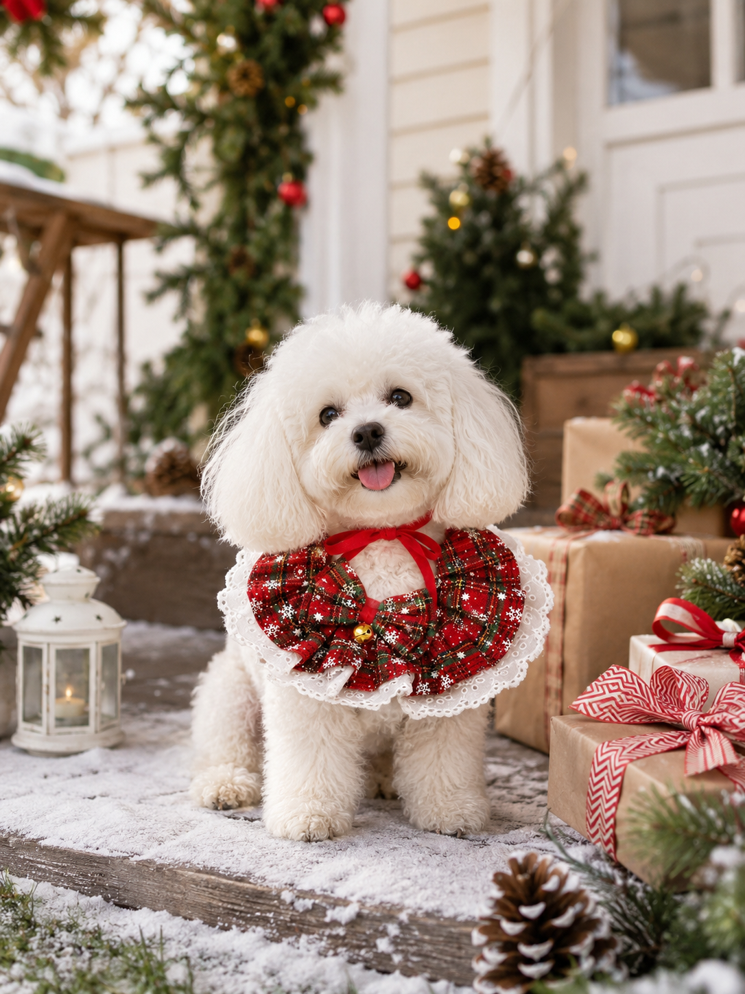 Christmas Plaid Snowflake Pet Ruffled Collar, Lace Trim Dog Neck Decor with Bow & Bell, Festive Puppy Neckwear for Holiday Party & Xmas Photography