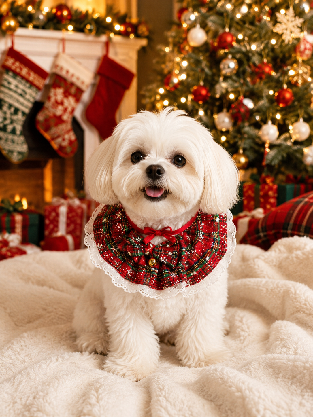 Christmas Plaid Snowflake Pet Ruffled Collar, Lace Trim Dog Neck Decor with Bow & Bell, Festive Puppy Neckwear for Holiday Party & Xmas Photography