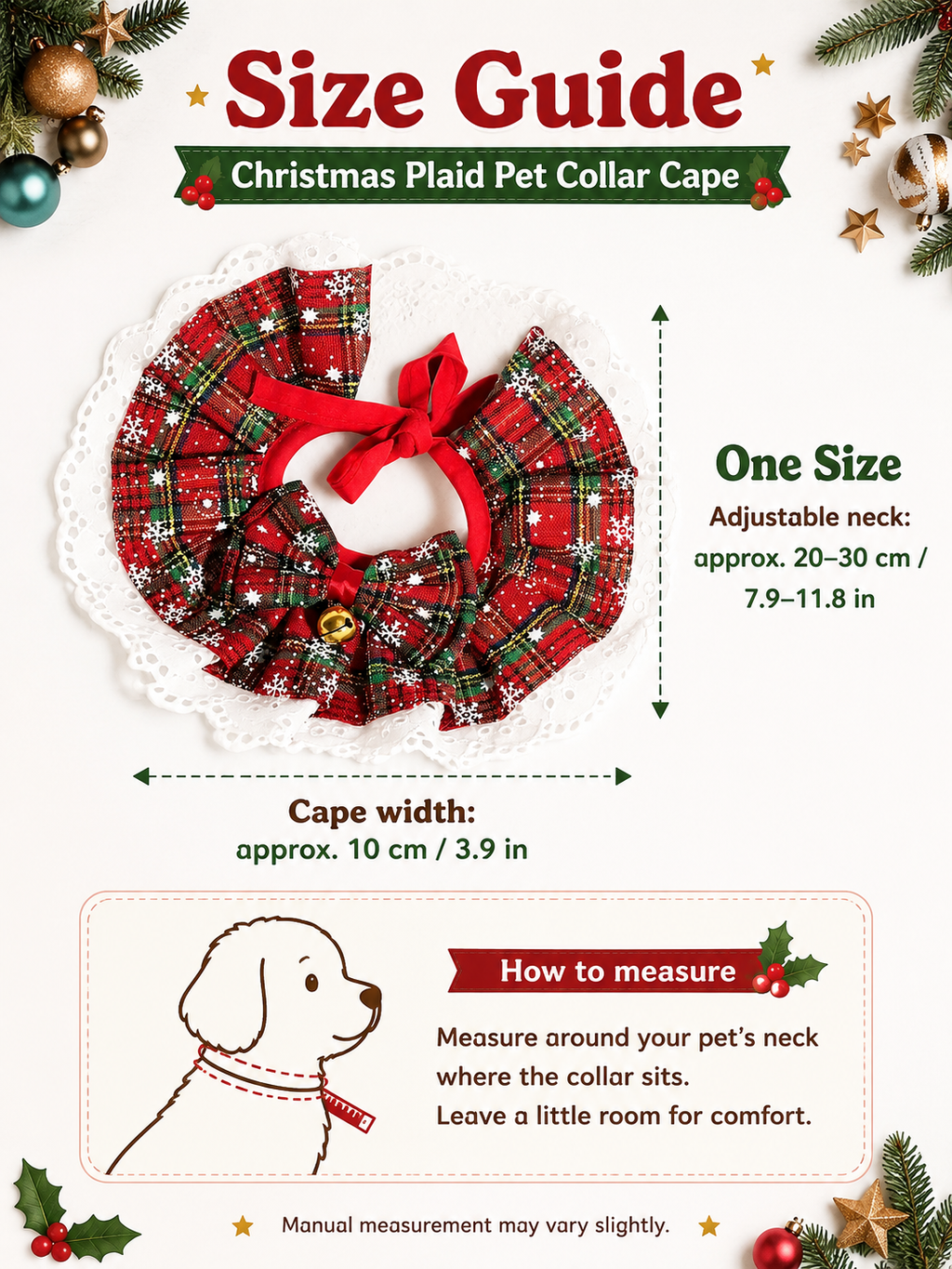 Christmas Plaid Snowflake Pet Ruffled Collar, Lace Trim Dog Neck Decor with Bow & Bell, Festive Puppy Neckwear for Holiday Party & Xmas Photography