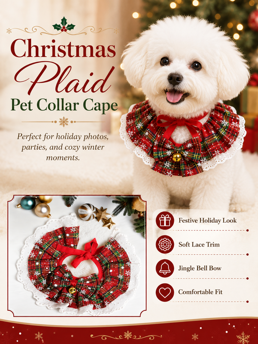 Christmas Plaid Snowflake Pet Ruffled Collar, Lace Trim Dog Neck Decor with Bow & Bell, Festive Puppy Neckwear for Holiday Party & Xmas Photography