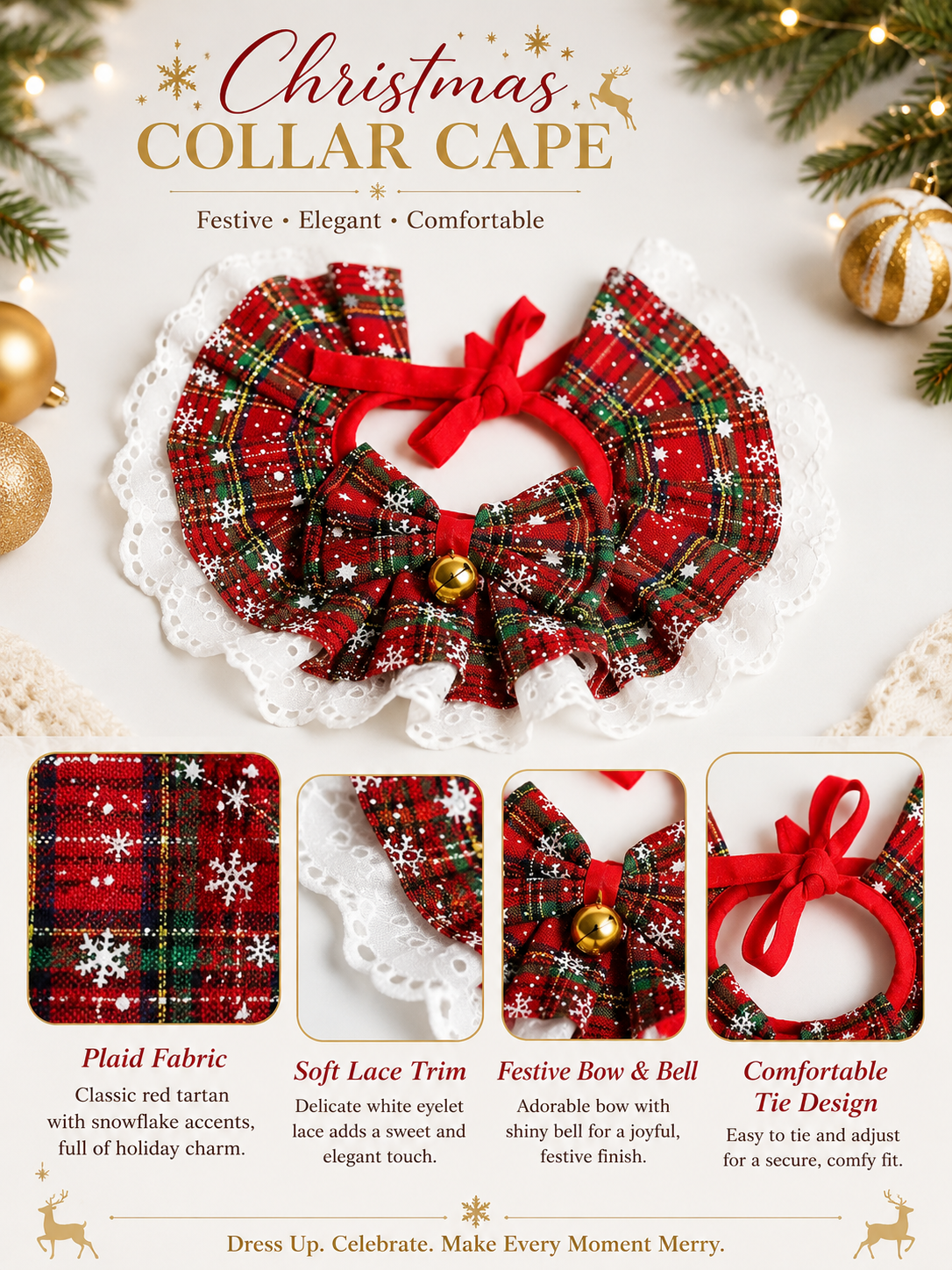 Christmas Plaid Snowflake Pet Ruffled Collar, Lace Trim Dog Neck Decor with Bow & Bell, Festive Puppy Neckwear for Holiday Party & Xmas Photography