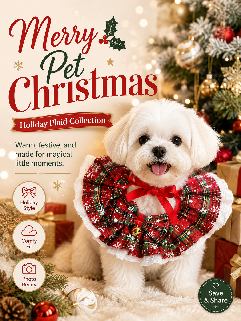 Christmas Plaid Snowflake Pet Ruffled Collar, Lace Trim Dog Neck Decor with Bow & Bell, Festive Puppy Neckwear for Holiday Party & Xmas Photography