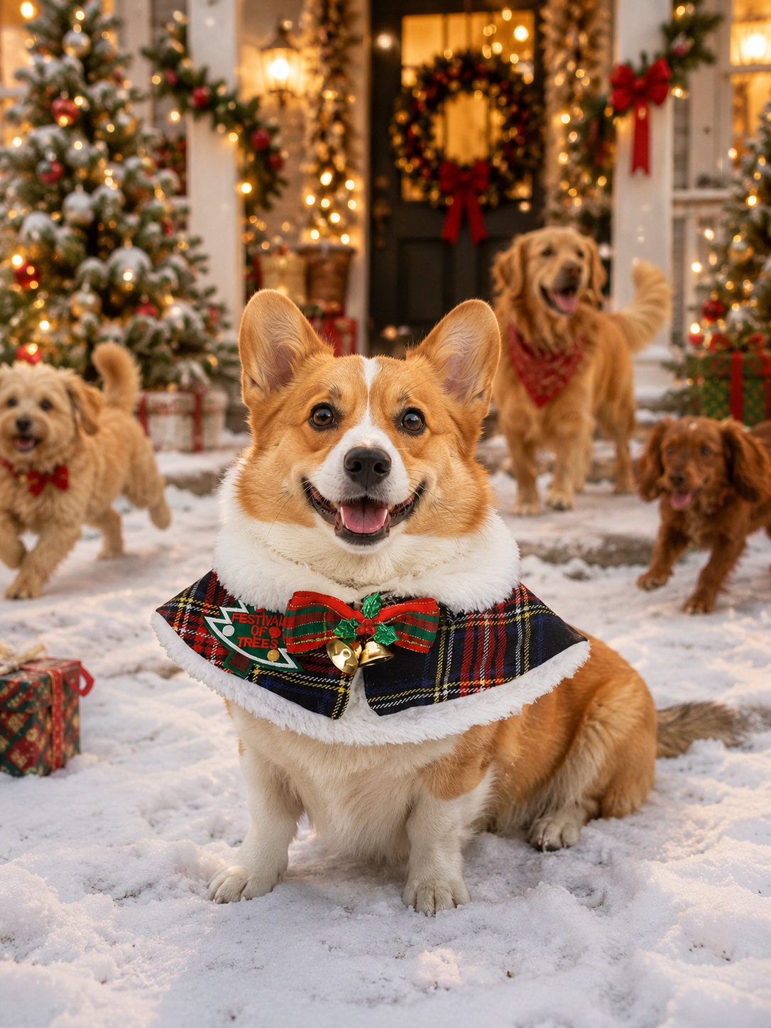 Christmas Plaid Pet Cape, Faux Fur Trim Dog Holiday Shawl with Bow & Bells, Xmas Puppy Costume Collar for Party & Holiday Photos