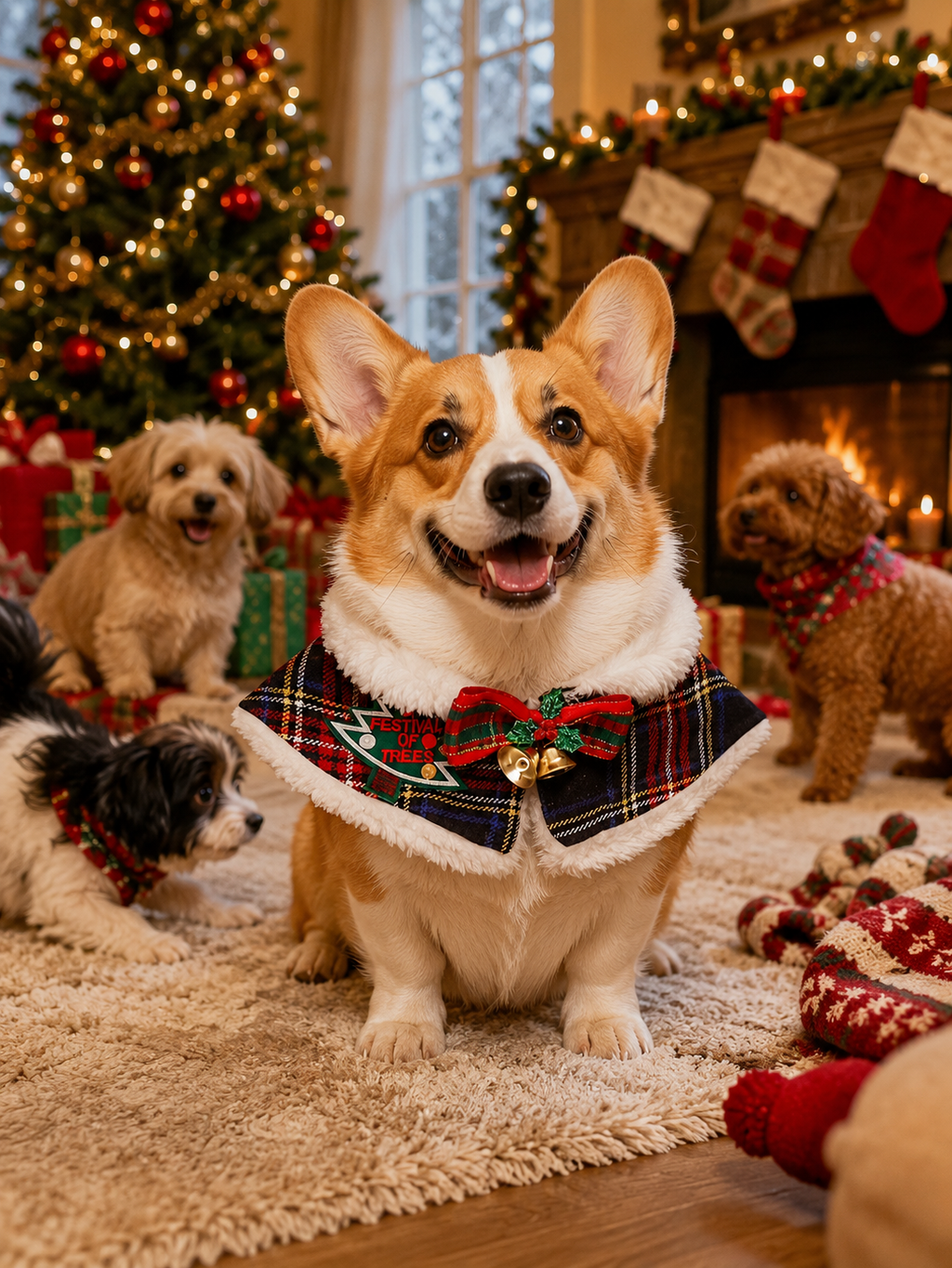 Christmas Plaid Pet Cape, Faux Fur Trim Dog Holiday Shawl with Bow & Bells, Xmas Puppy Costume Collar for Party & Holiday Photos