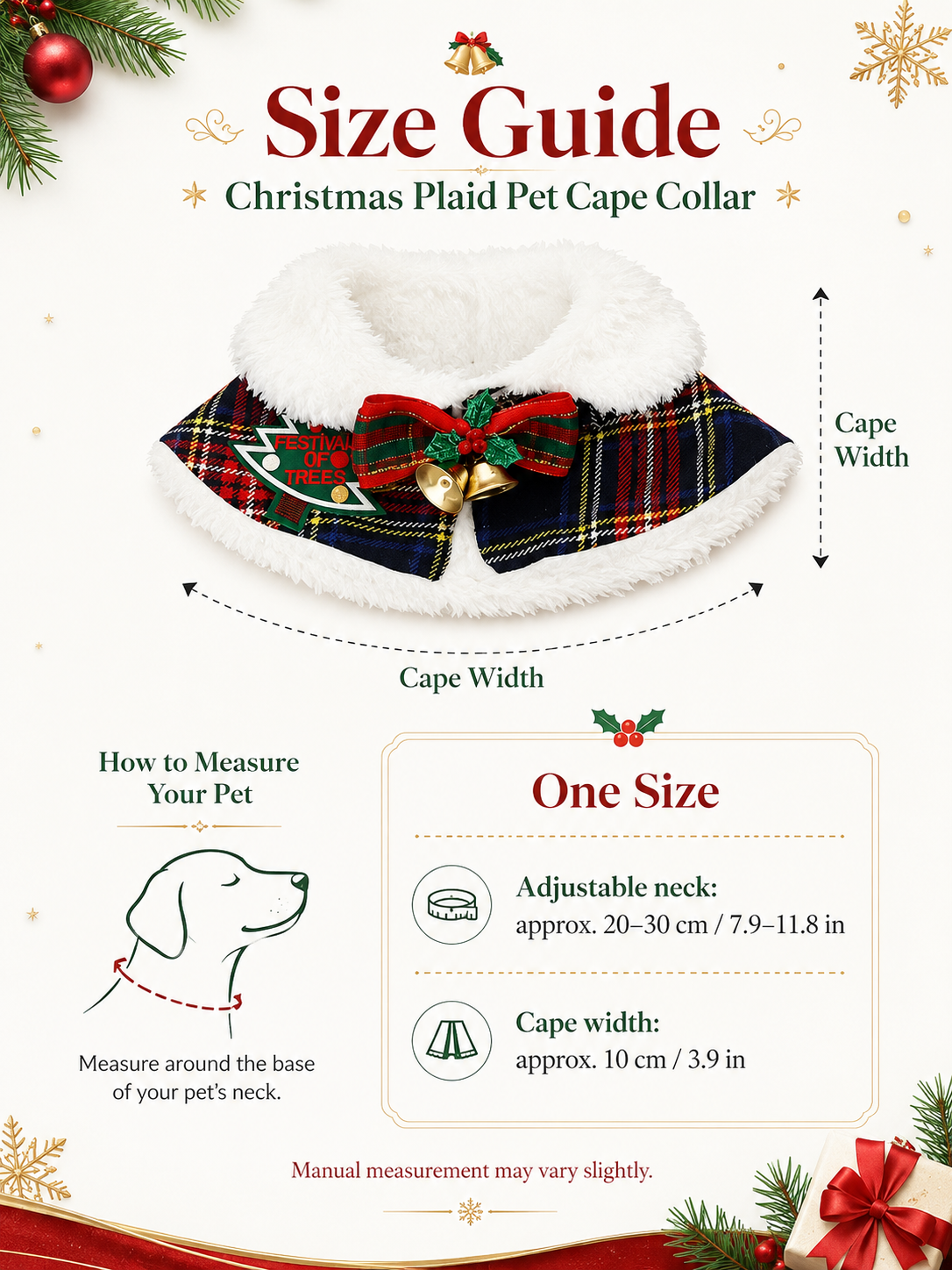 Christmas Plaid Pet Cape, Faux Fur Trim Dog Holiday Shawl with Bow & Bells, Xmas Puppy Costume Collar for Party & Holiday Photos