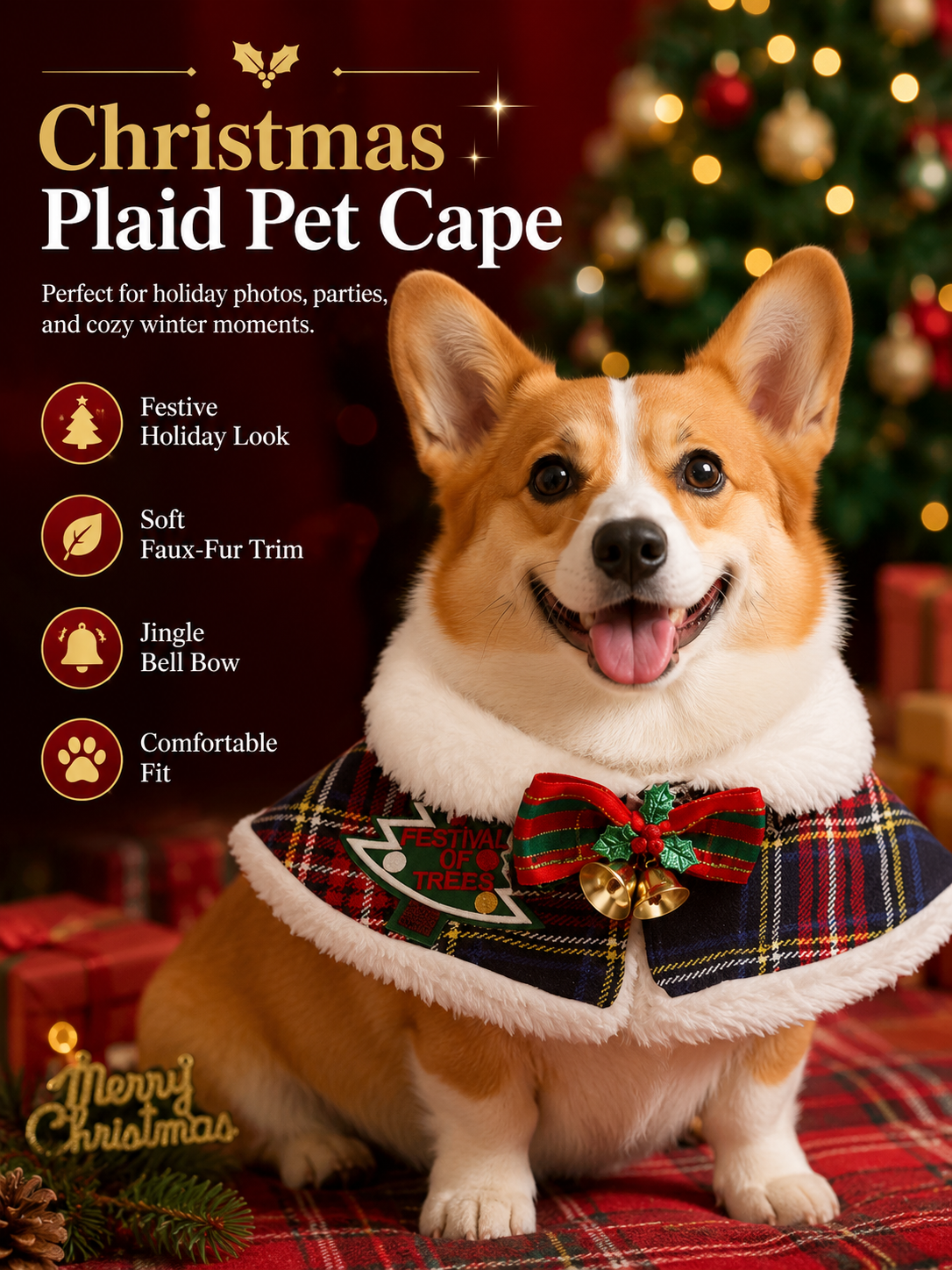 Christmas Plaid Pet Cape, Faux Fur Trim Dog Holiday Shawl with Bow & Bells, Xmas Puppy Costume Collar for Party & Holiday Photos