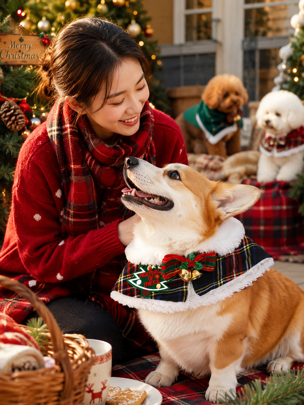 Christmas Plaid Pet Cape, Faux Fur Trim Dog Holiday Shawl with Bow & Bells, Xmas Puppy Costume Collar for Party & Holiday Photos