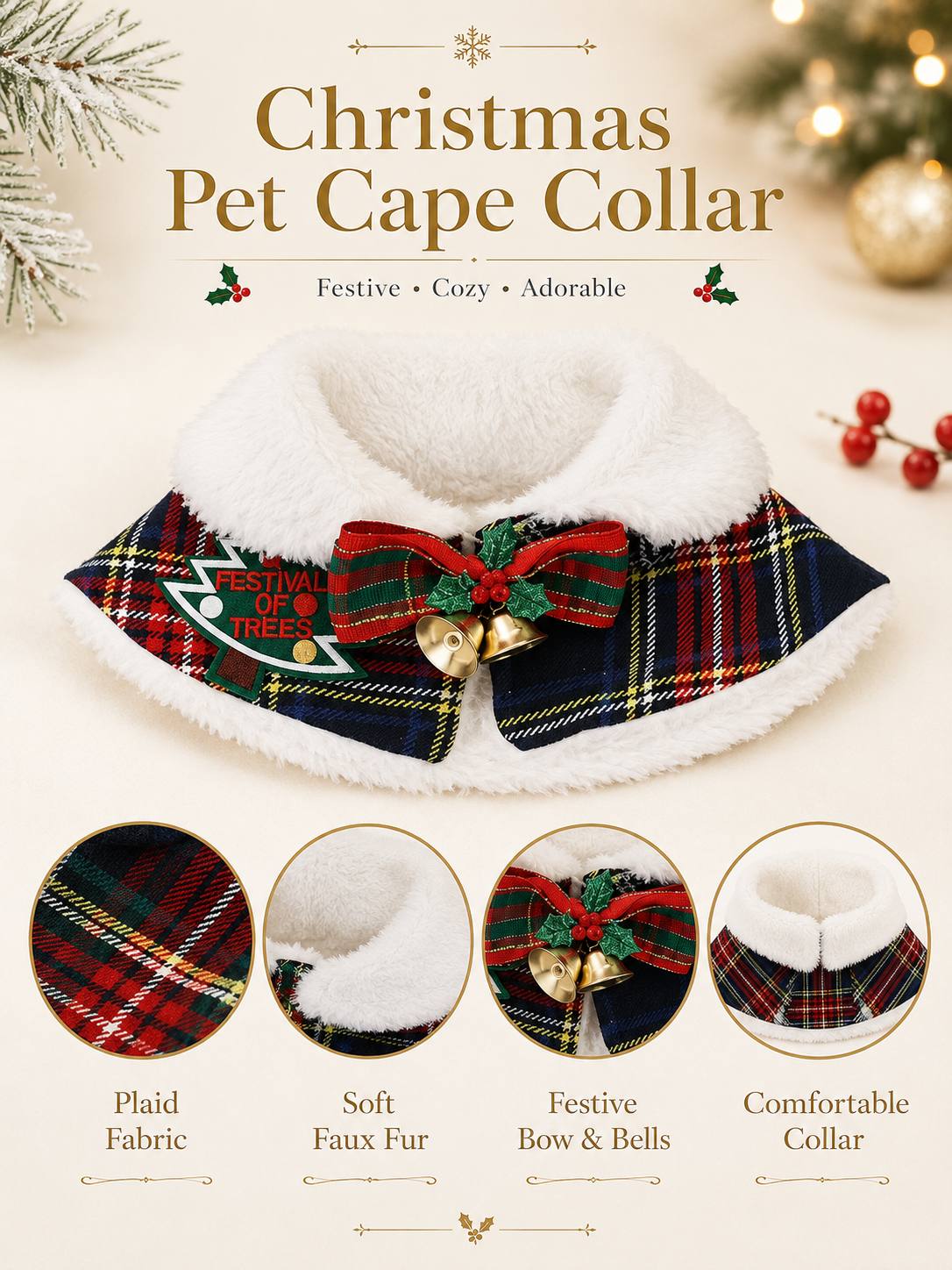 Christmas Plaid Pet Cape, Faux Fur Trim Dog Holiday Shawl with Bow & Bells, Xmas Puppy Costume Collar for Party & Holiday Photos