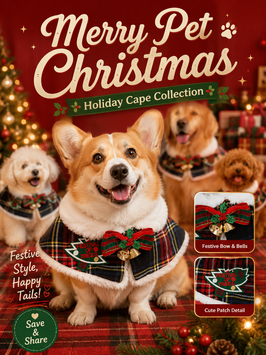 Christmas Plaid Pet Cape, Faux Fur Trim Dog Holiday Shawl with Bow & Bells, Xmas Puppy Costume Collar for Party & Holiday Photos
