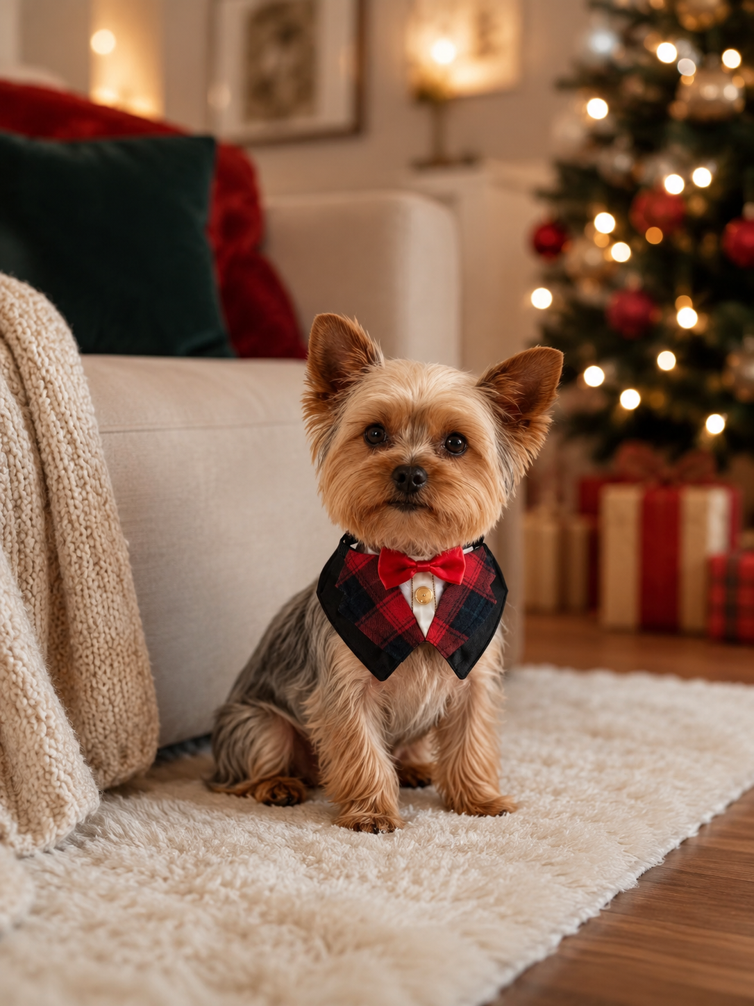 Christmas Red Plaid Tuxedo Dog Collar with Red Bow Tie, Adjustable Formal Pet Suit Collar, Holiday Puppy Neck Accessory for Family Photos & Xmas Party
