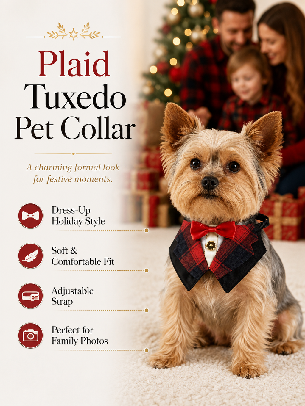 Christmas Red Plaid Tuxedo Dog Collar with Red Bow Tie, Adjustable Formal Pet Suit Collar, Holiday Puppy Neck Accessory for Family Photos & Xmas Party