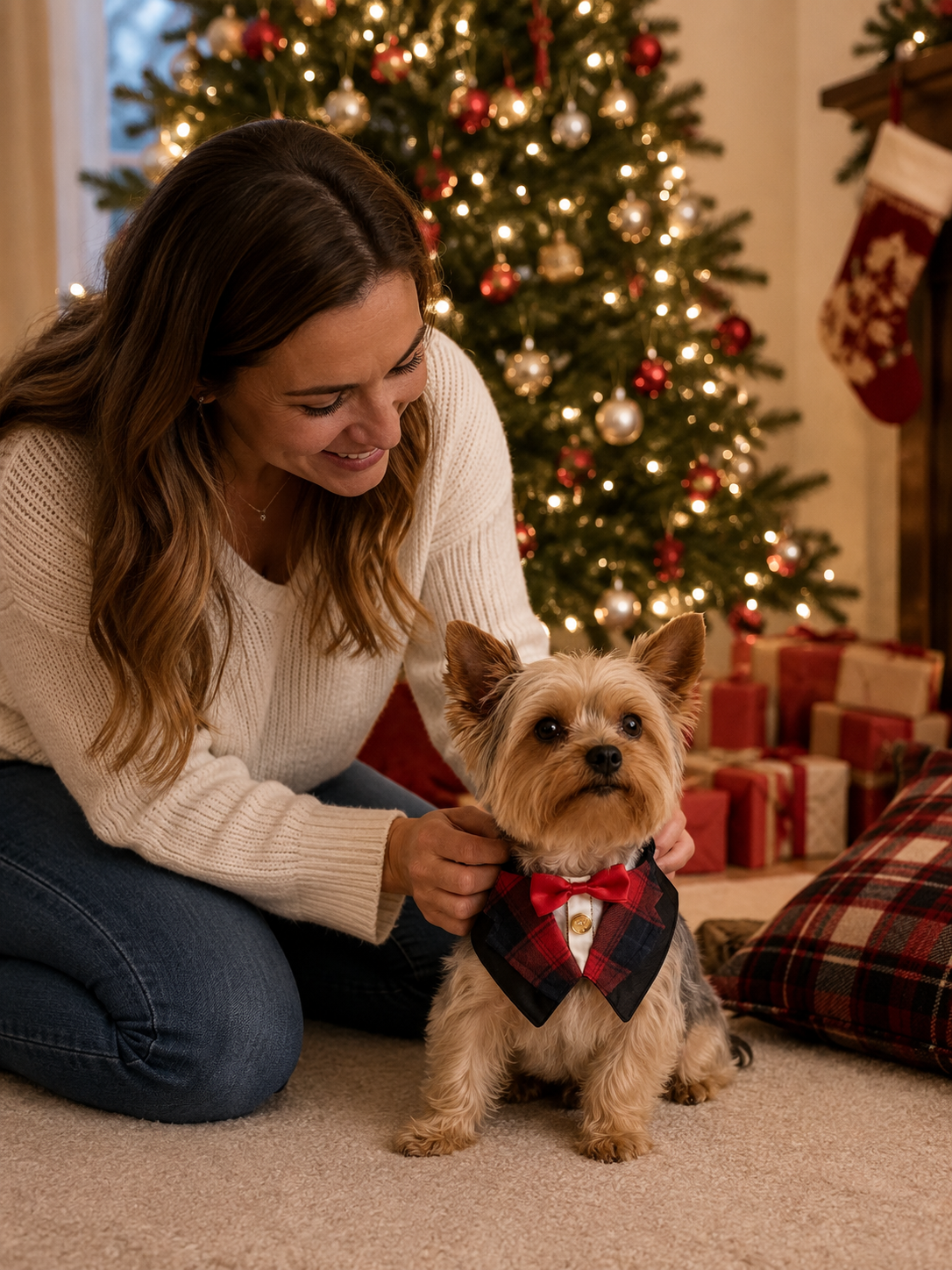 Christmas Red Plaid Tuxedo Dog Collar with Red Bow Tie, Adjustable Formal Pet Suit Collar, Holiday Puppy Neck Accessory for Family Photos & Xmas Party