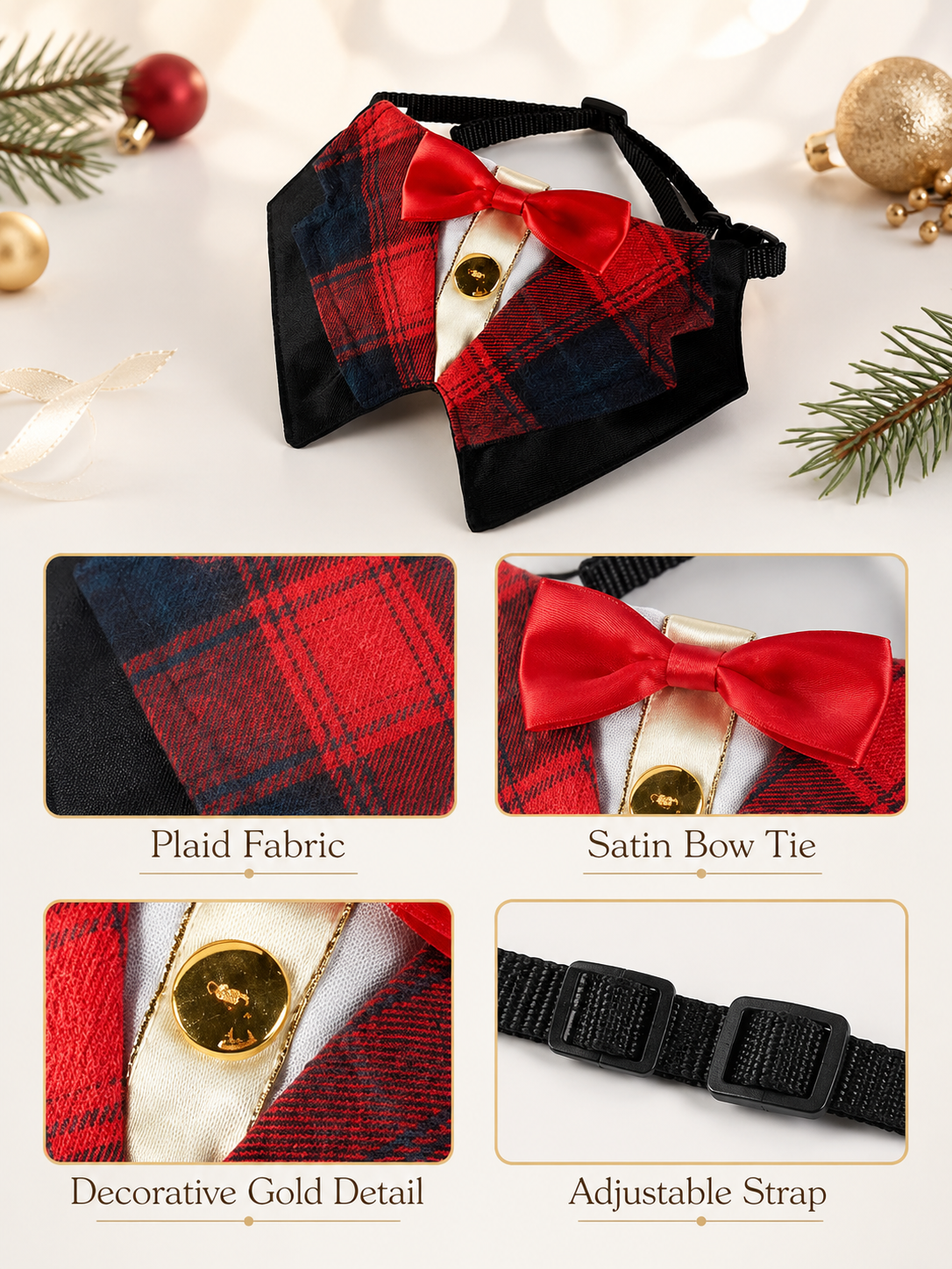 Christmas Red Plaid Tuxedo Dog Collar with Red Bow Tie, Adjustable Formal Pet Suit Collar, Holiday Puppy Neck Accessory for Family Photos & Xmas Party