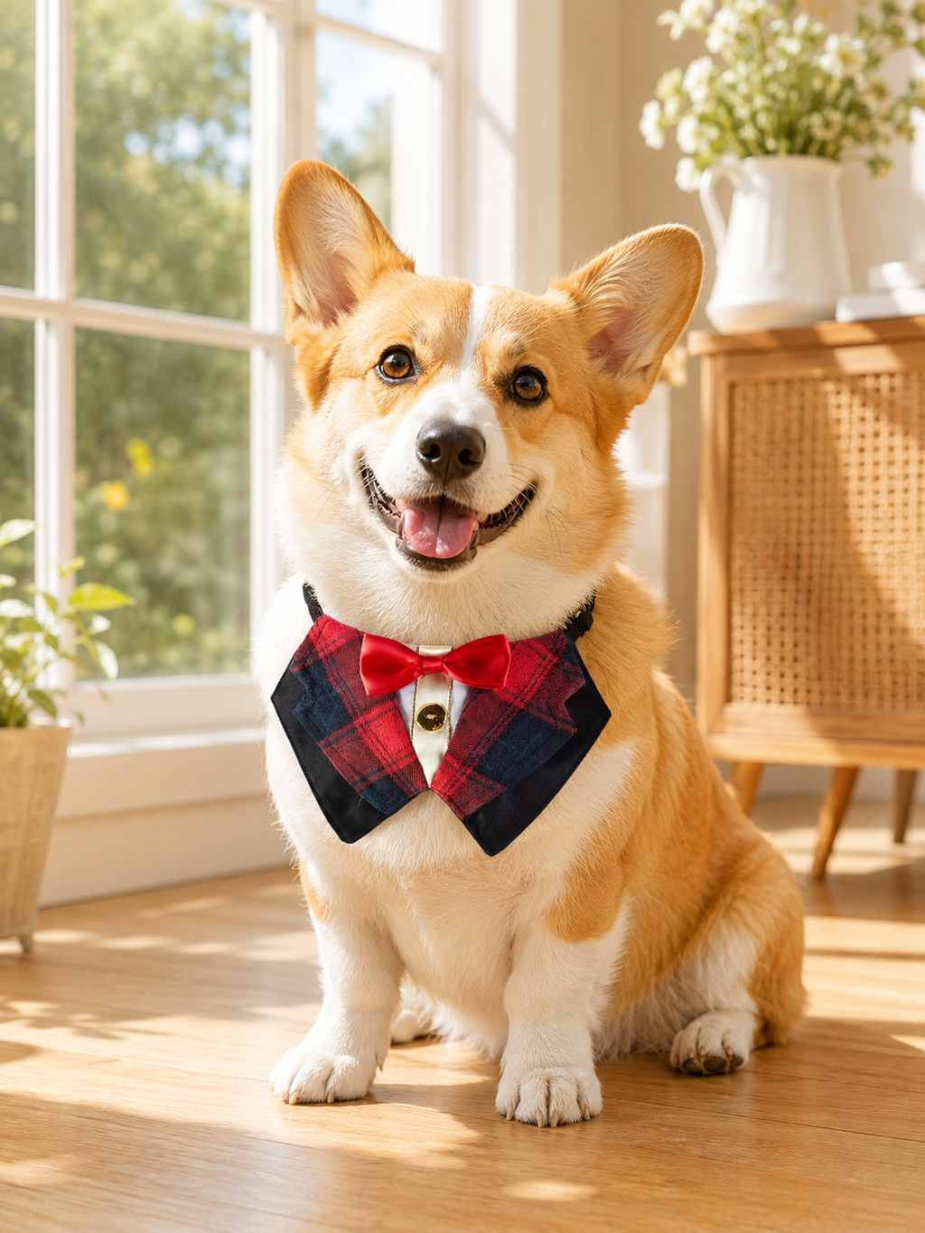 Plaid Tuxedo Dog Collar with Red Bow Tie, Adjustable Formal Pet Suit Collar, Elegant Puppy Neck Accessory for Wedding, Party & Photoshoot