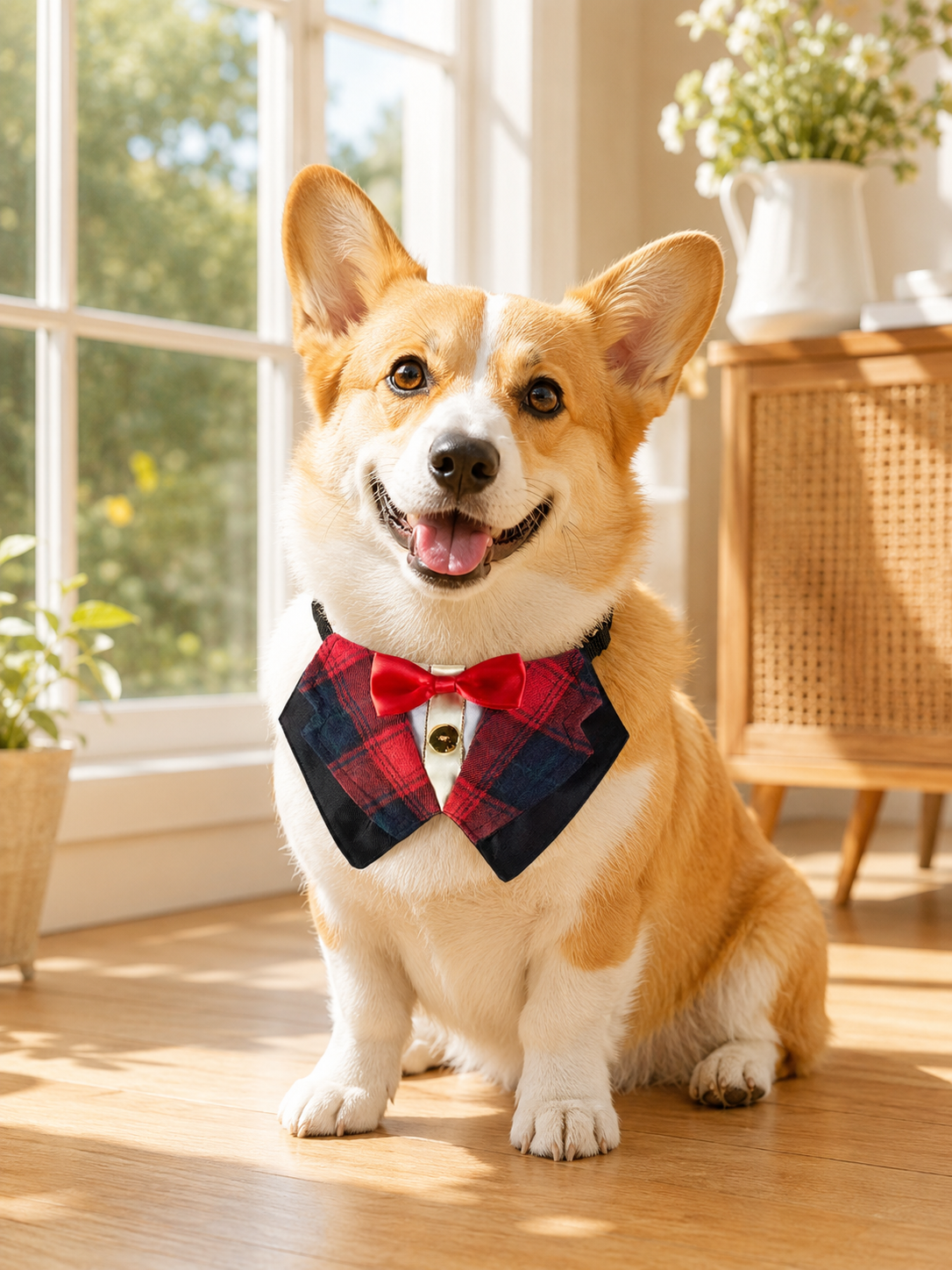 Plaid Tuxedo Dog Collar with Red Bow Tie, Adjustable Formal Pet Suit Collar, Elegant Puppy Neck Accessory for Wedding, Party & Photoshoot