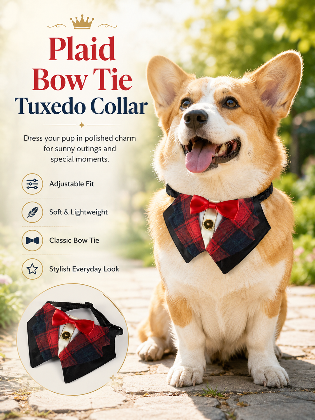 Plaid Tuxedo Dog Collar with Red Bow Tie, Adjustable Formal Pet Suit Collar, Elegant Puppy Neck Accessory for Wedding, Party & Photoshoot