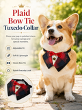 Plaid Tuxedo Dog Collar with Red Bow Tie, Adjustable Formal Pet Suit Collar, Elegant Puppy Neck Accessory for Wedding, Party & Photoshoot