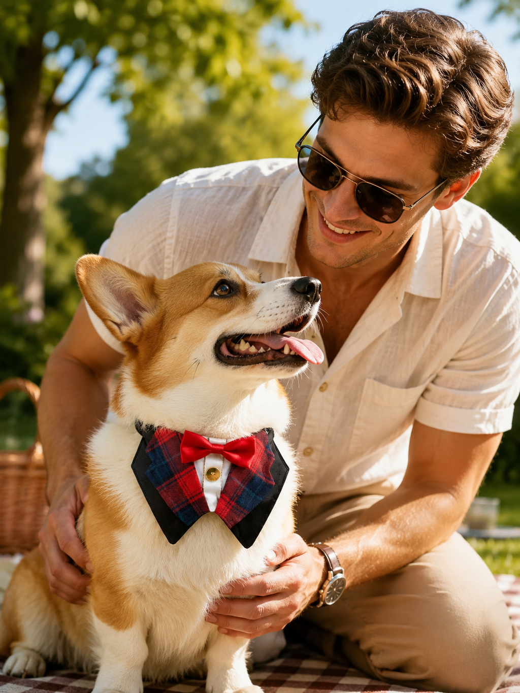 Plaid Tuxedo Dog Collar with Red Bow Tie, Adjustable Formal Pet Suit Collar, Elegant Puppy Neck Accessory for Wedding, Party & Photoshoot