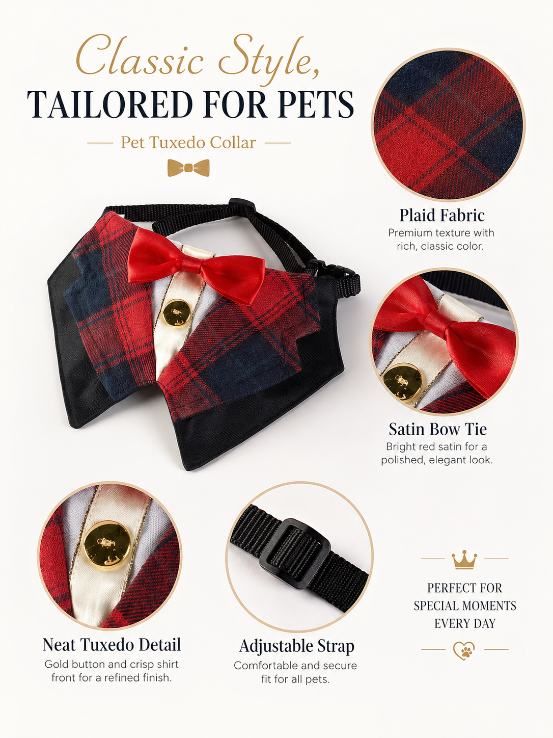 Plaid Tuxedo Dog Collar with Red Bow Tie, Adjustable Formal Pet Suit Collar, Elegant Puppy Neck Accessory for Wedding, Party & Photoshoot