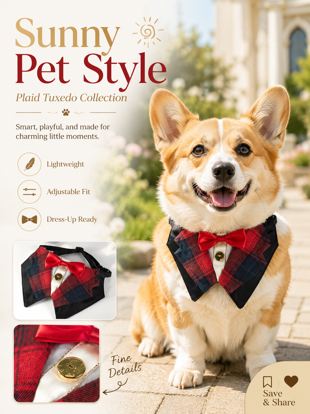 Plaid Tuxedo Dog Collar with Red Bow Tie, Adjustable Formal Pet Suit Collar, Elegant Puppy Neck Accessory for Wedding, Party & Photoshoot