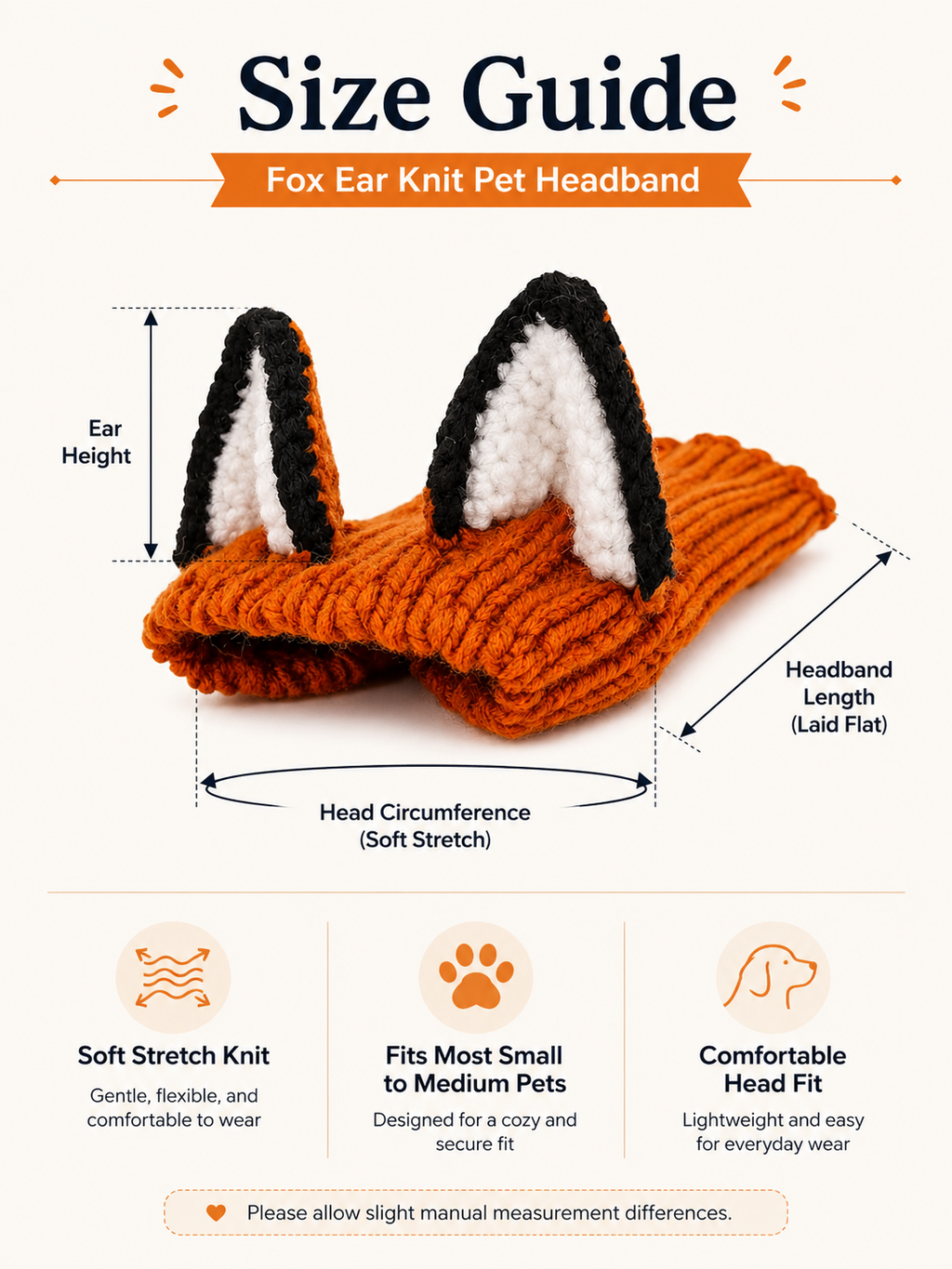 Fox Ear Knitted Pet Headband, Soft Stretch Knit Dog Costume Hat, Cute Puppy Fox Ear Headwear for Daily Wear & Pet Photography