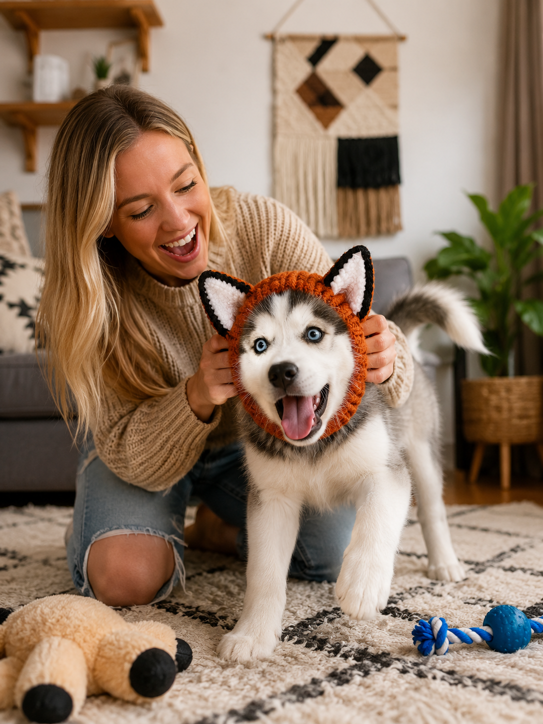 Fox Ear Knitted Pet Headband, Soft Stretch Knit Dog Costume Hat, Cute Puppy Fox Ear Headwear for Daily Wear & Pet Photography