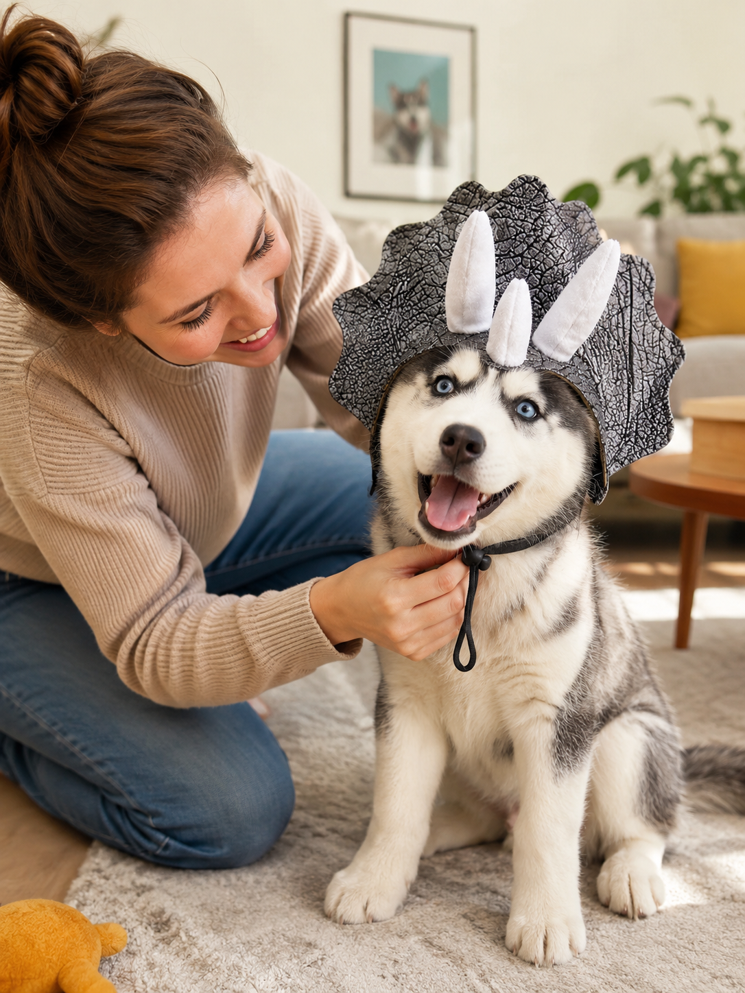 Triceratops Dinosaur Pet Hat, Adjustable Drawstring Dino Costume Headwear, Funny Puppy Cosplay Hat for Outdoor Adventures & Pet Photoshoot