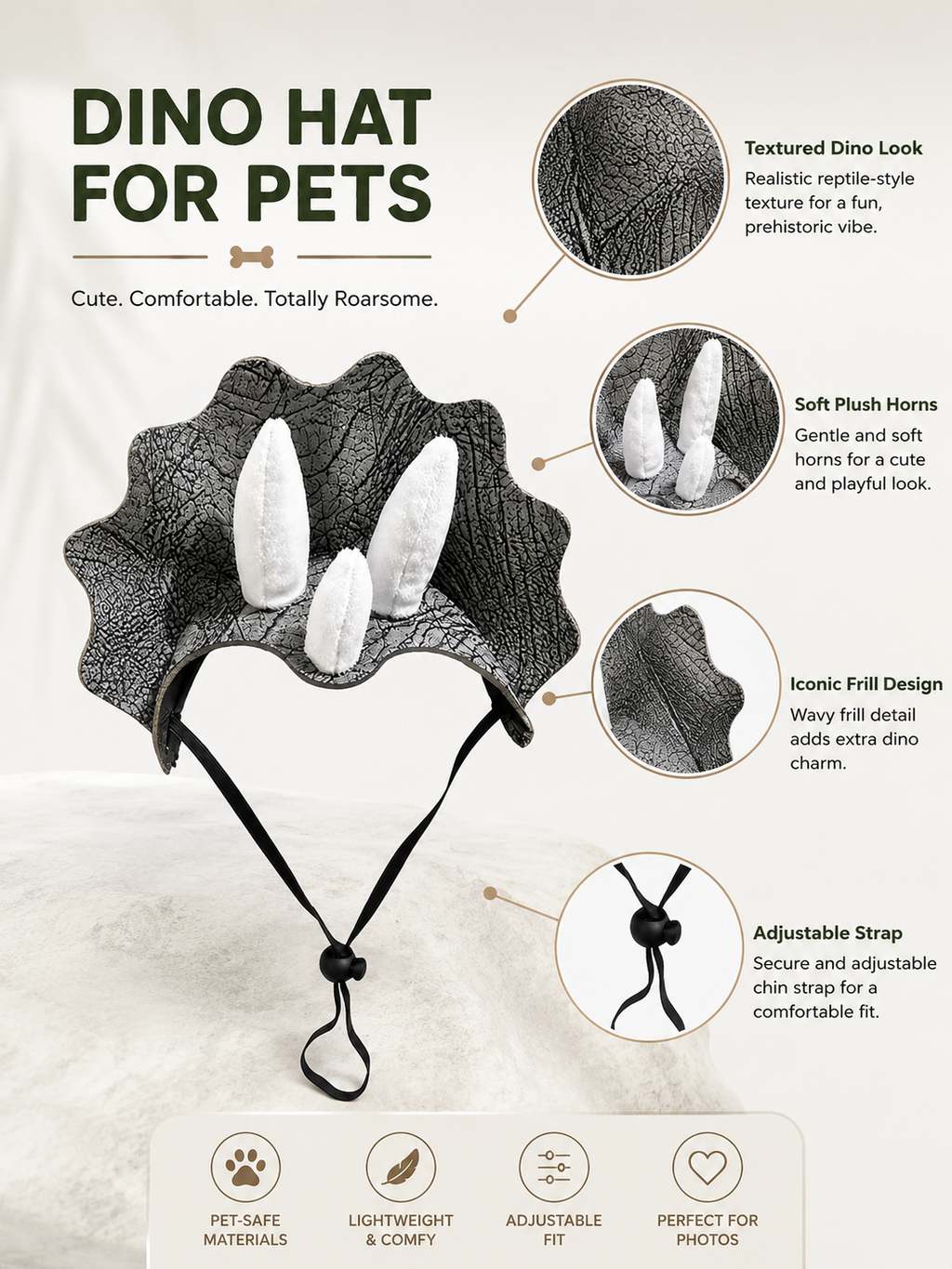Triceratops Dinosaur Pet Hat, Adjustable Drawstring Dino Costume Headwear, Funny Puppy Cosplay Hat for Outdoor Adventures & Pet Photoshoot