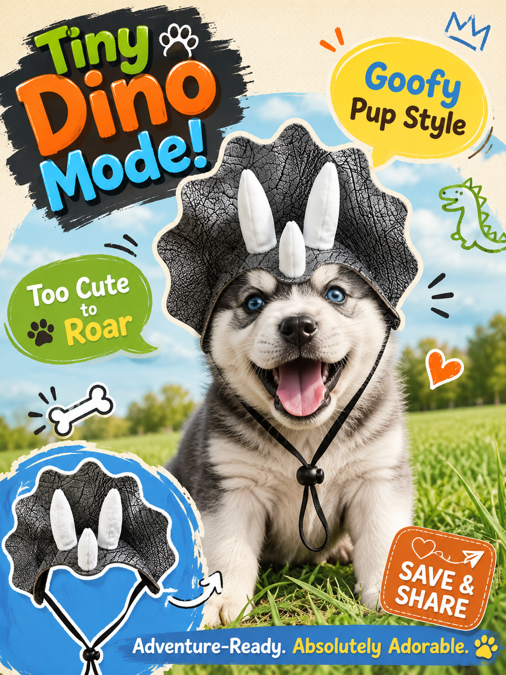 Triceratops Dinosaur Pet Hat, Adjustable Drawstring Dino Costume Headwear, Funny Puppy Cosplay Hat for Outdoor Adventures & Pet Photoshoot