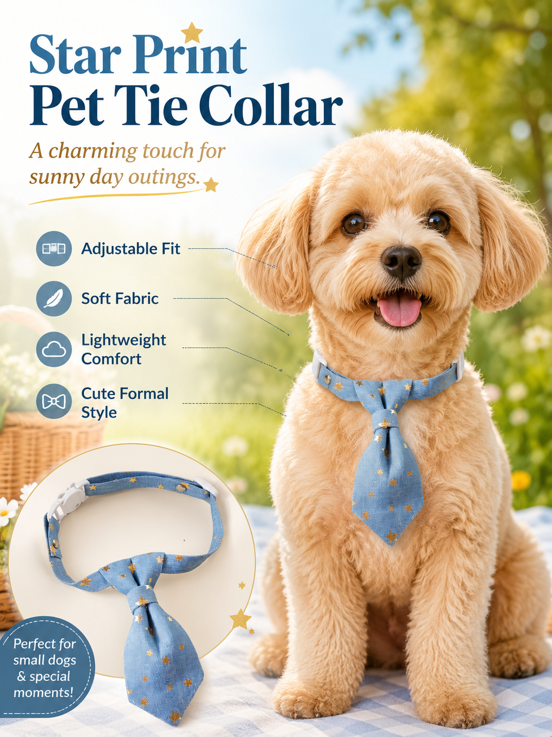 Blue Gold Star Print Pet Tie Collar, Adjustable Soft Fabric Dog Necktie, Cute Formal Puppy Accessory for Outdoor Outings, Wedding & Pet Photoshoot