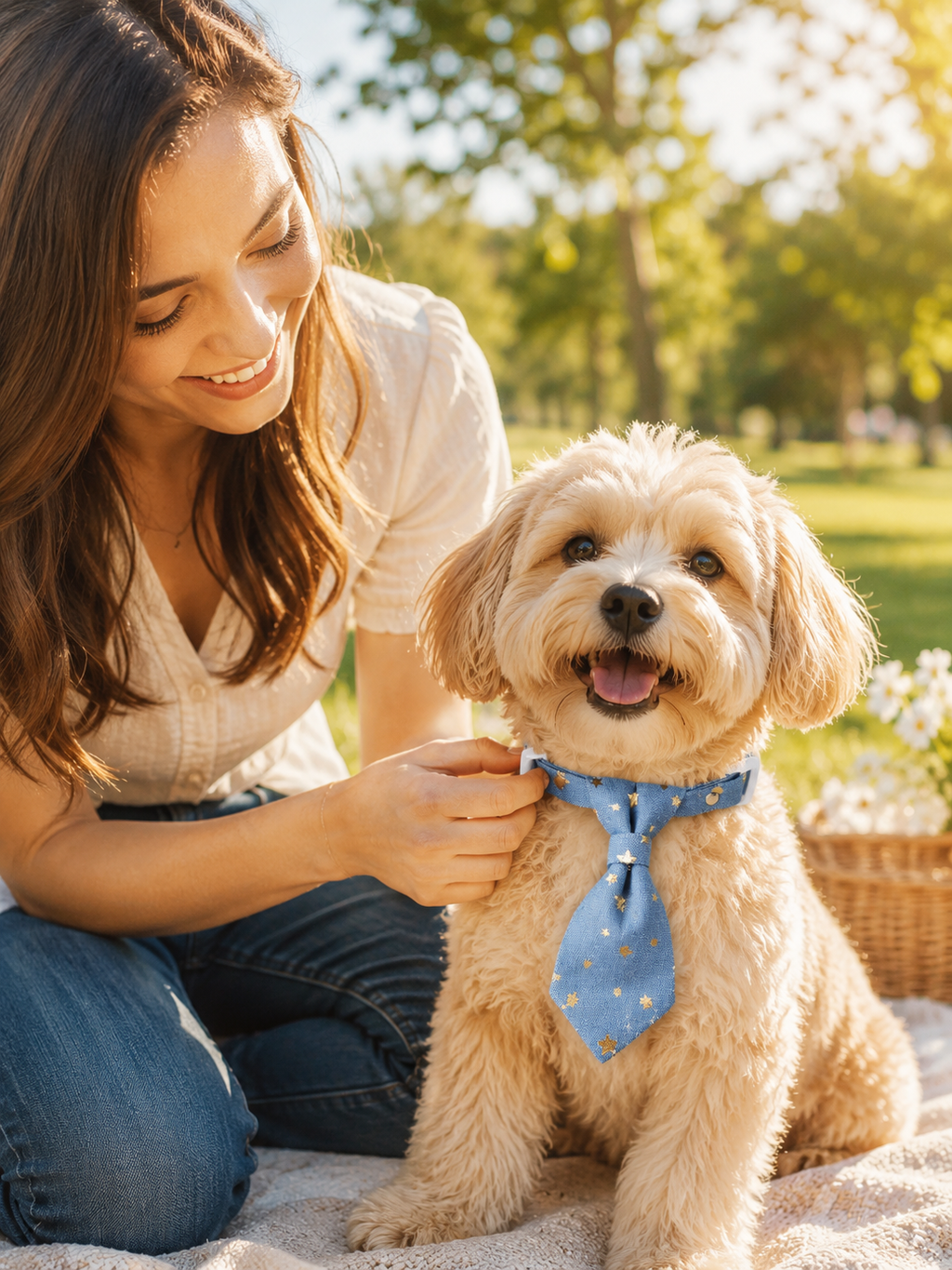 Blue Gold Star Print Pet Tie Collar, Adjustable Soft Fabric Dog Necktie, Cute Formal Puppy Accessory for Outdoor Outings, Wedding & Pet Photoshoot