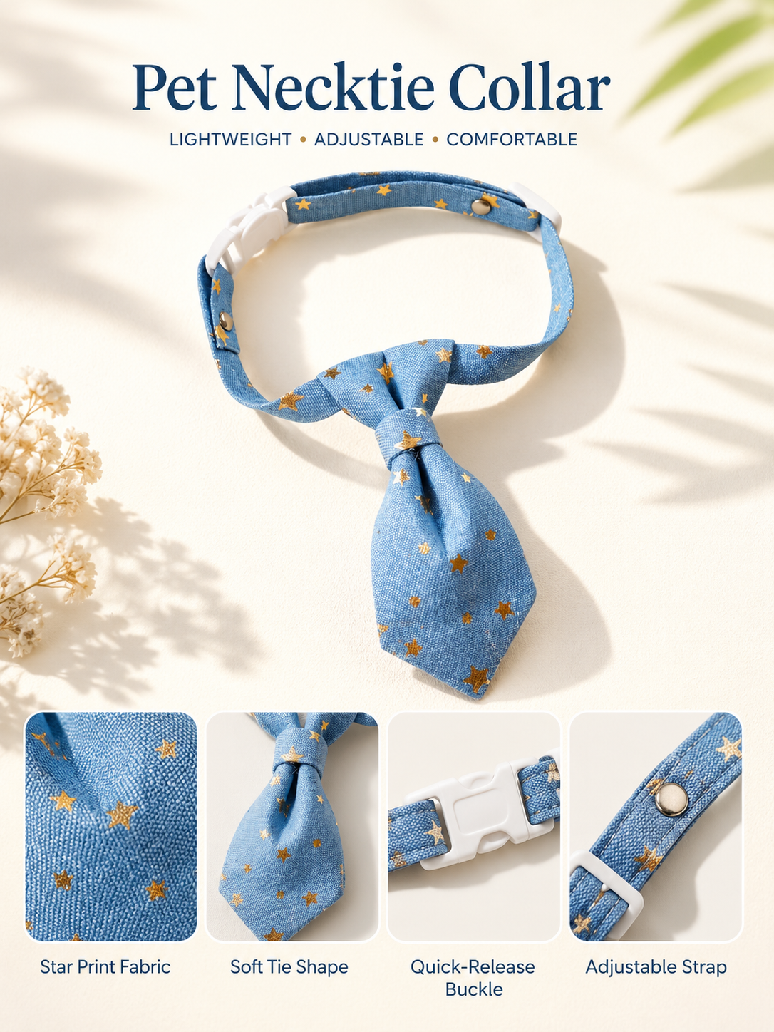 Blue Gold Star Print Pet Tie Collar, Adjustable Soft Fabric Dog Necktie, Cute Formal Puppy Accessory for Outdoor Outings, Wedding & Pet Photoshoot