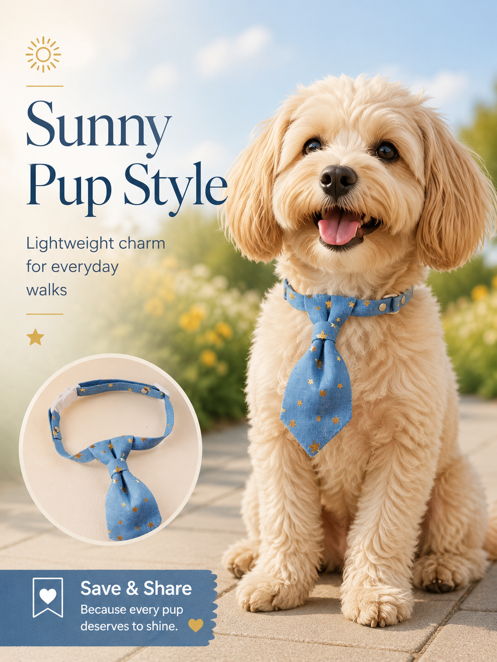 Blue Gold Star Print Pet Tie Collar, Adjustable Soft Fabric Dog Necktie, Cute Formal Puppy Accessory for Outdoor Outings, Wedding & Pet Photoshoot