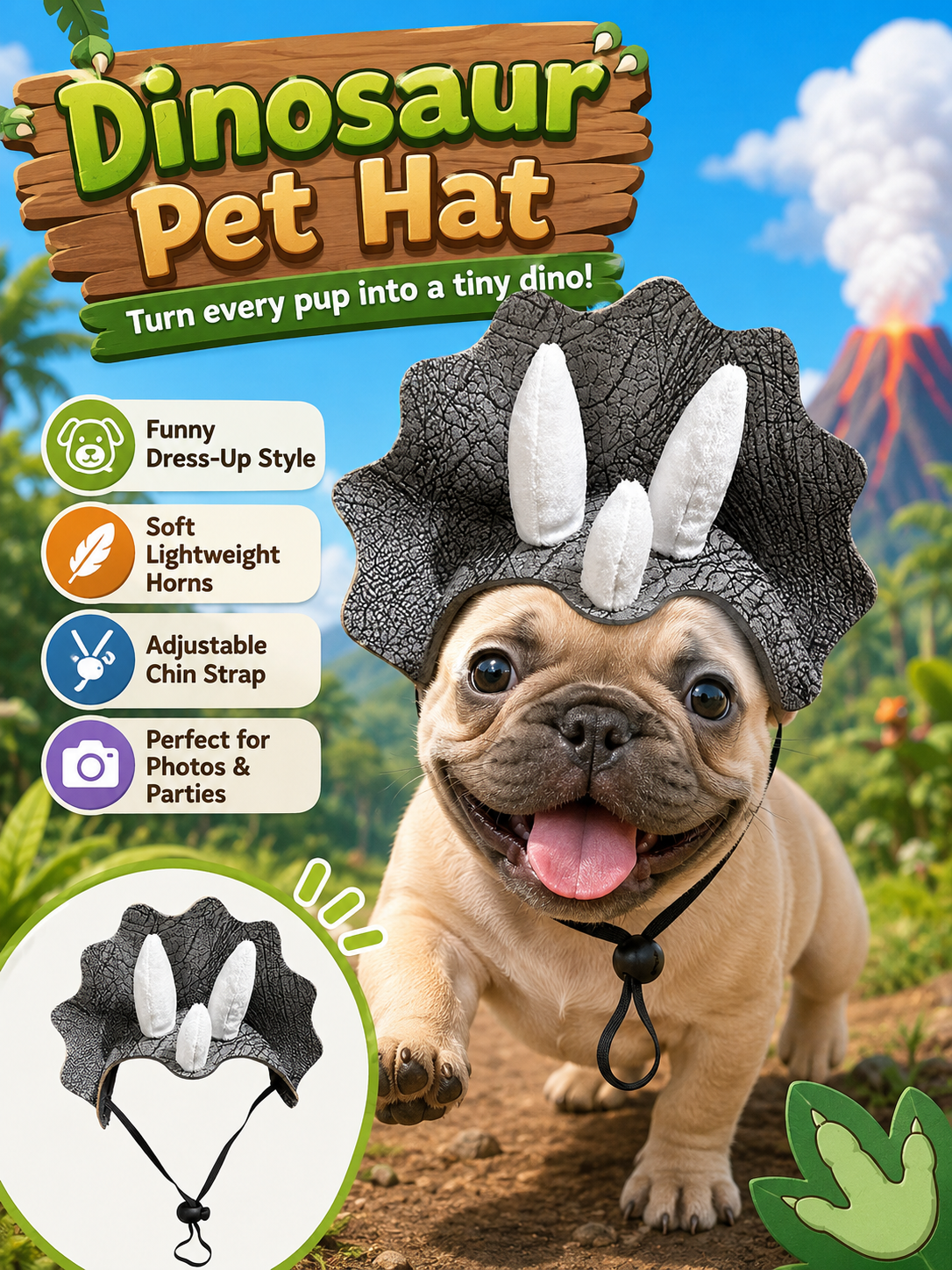 Dinosaur Triceratops Pet Hat, Adjustable Cute Dino Costume Headwear for Dogs, Funny Puppy Party Cosplay Hat for Photography