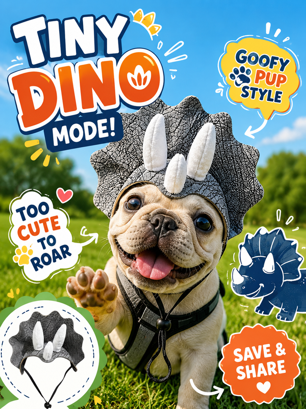 Dinosaur Triceratops Pet Hat, Adjustable Cute Dino Costume Headwear for Dogs, Funny Puppy Party Cosplay Hat for Photography