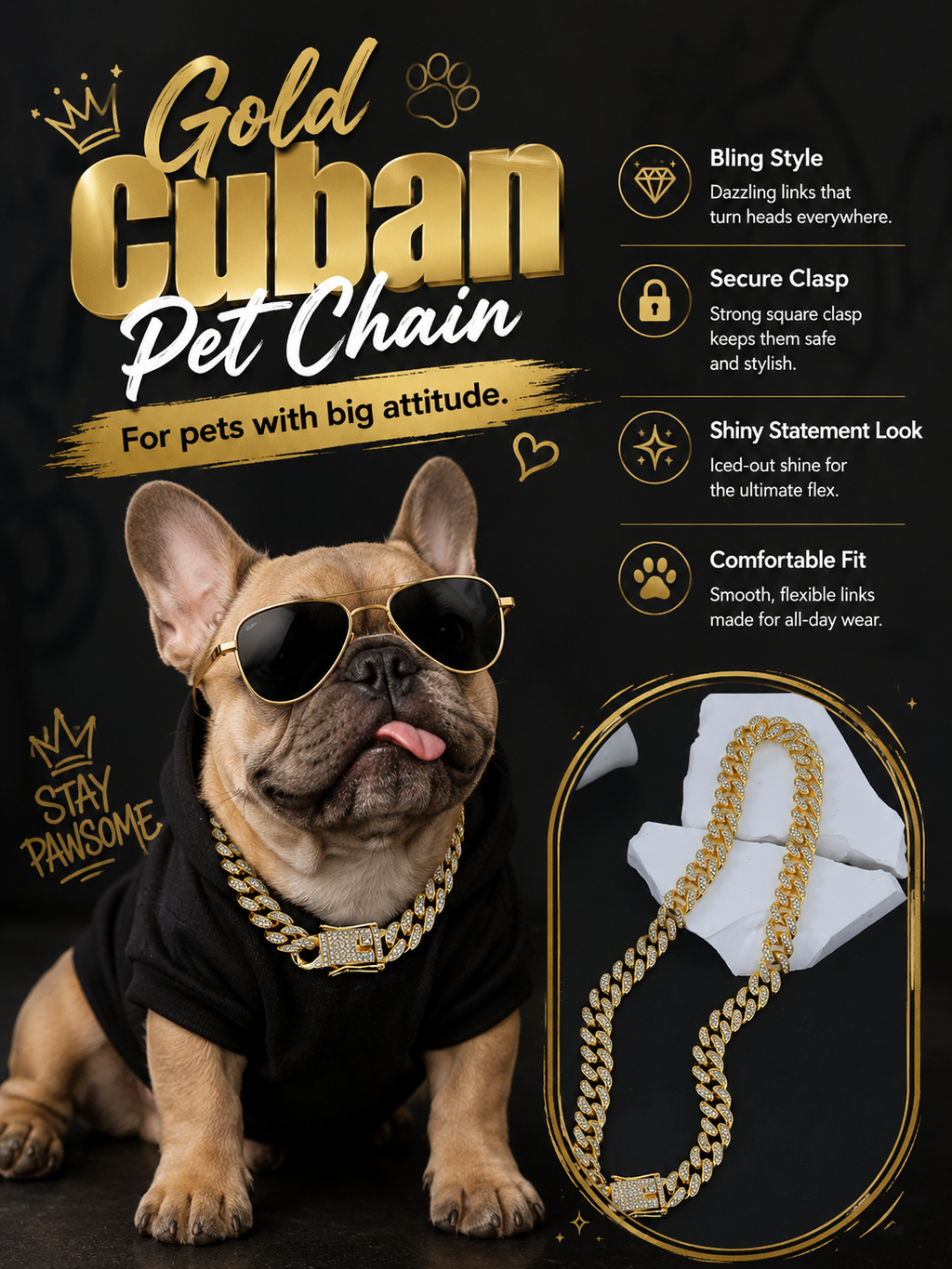 Iced Out Gold Cuban Link Pet Chain, Bling Rhinestone Dog Necklace, Hip Hop Style Puppy Jewelry Accessory for Photoshoot Party