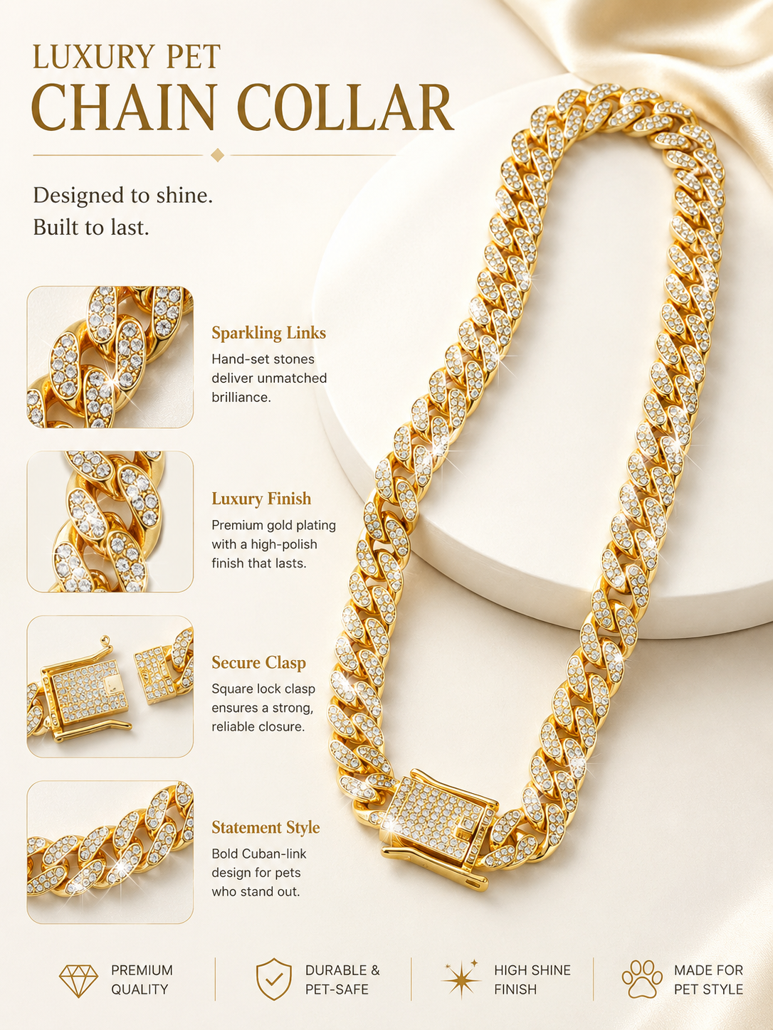 Iced Out Gold Cuban Link Pet Chain, Bling Rhinestone Dog Necklace, Hip Hop Style Puppy Jewelry Accessory for Photoshoot Party